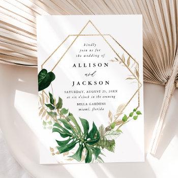 tropical leaves gold geometric frame wedding invitation
