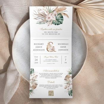 tropical monstera boho pampas qr code wedding tri-fold invitation