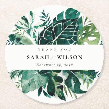 Small Tropical Monstera Green Foliage Wedding Thank You Round Paper Coaster Front View