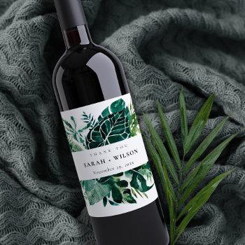 Small Tropical Monstera Green Foliage Wedding Thank You Wine Label Front View