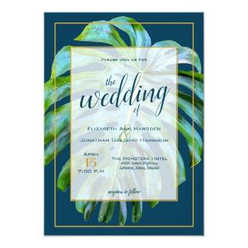 Small Tropical Monstera Leaf Dark Blue Gold Wedding Front View