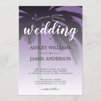 tropical palm tree purple beach wedding invitation