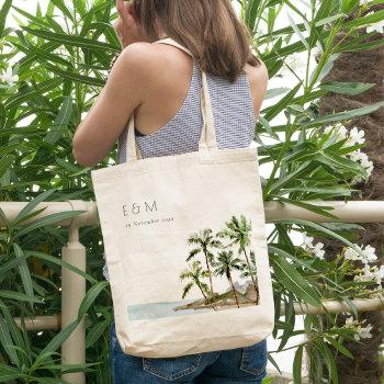 Small Tropical Palm Trees Beach Sand Monogram Wedding Tote Bag Front View