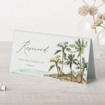 Small Tropical Palm Trees Beach Sand Wedding Reserved Table Tent Sign Front View