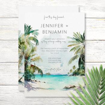 tropical palm trees beach scene modern wedding invitation