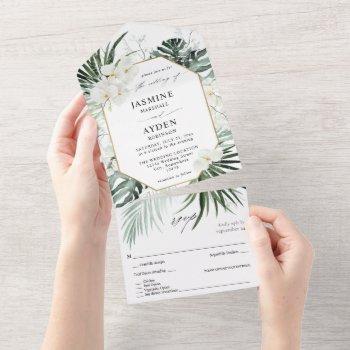 tropical palm & white floral wedding all in one invitation
