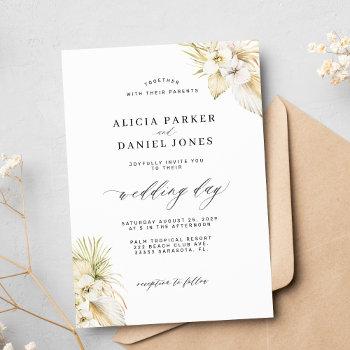 tropical pampas grass white orchid elegant wedding invitation