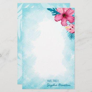 Small Tropical Pink Hibiscus Personalized Stationary Front View