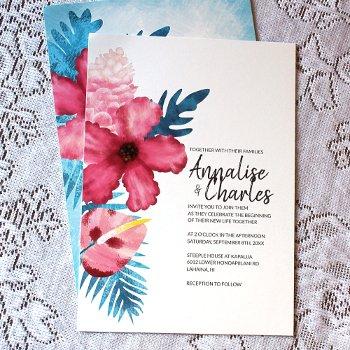 tropical pink hibiscus turquoise ferns wedding invitation