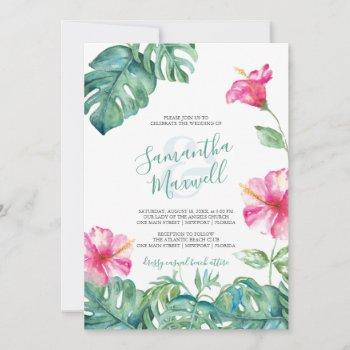 tropical pink hibiscus watercolor wedding invite