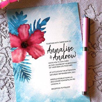 tropical pink turquoise hibiscus island wedding invitation
