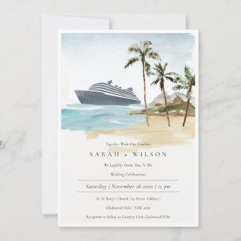 tropical seascape beach cruise palm wedding invite