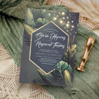 tropical seaside night and gold palms wedding invitation