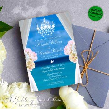 tropical summer floral ocean beach wedding invitation