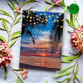 tropical sunset string lights palm beach wedding invitation