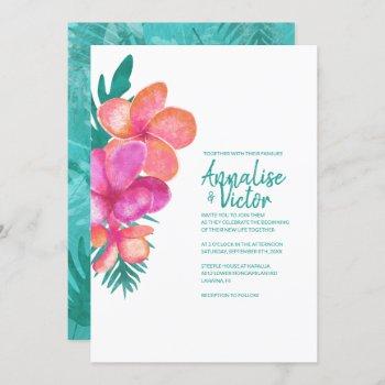 tropical teal pink coral flower wedding invitation