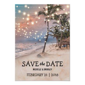 Small Tropical Vintage Beach Lights Save The Date Announcement Post Front View
