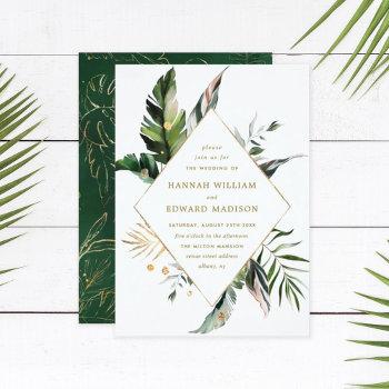tropical watercolor foliage gold frame wedding invitation