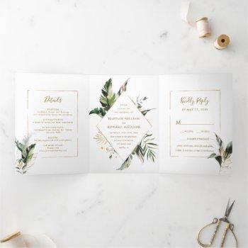 tropical watercolor foliage gold frame wedding tri-fold invitation