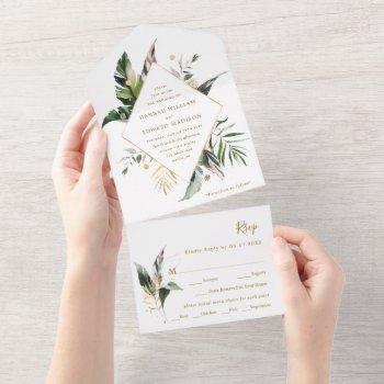 tropical watercolor foliage gold wedding all in one invitation