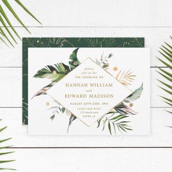 tropical watercolor foliage gold wedding invitation