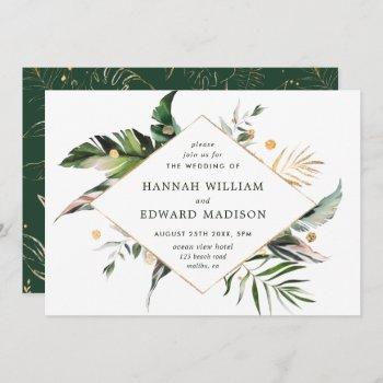 tropical watercolor foliage green gold wedding invitation