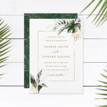 Small Tropical Watercolor Leaves Gold Frame Wedding Front View