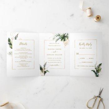 tropical watercolor leaves gold frame wedding tri-fold invitation