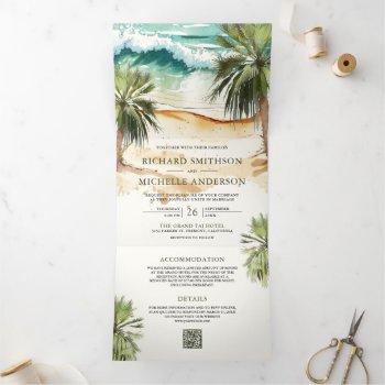 tropical watercolor palm beach qr code wedding tri-fold invitation