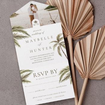 tropical watercolor palm trees boho wedding photo all in one invitation