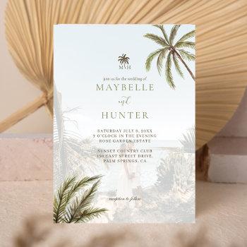 tropical watercolor palm trees boho wedding photo invitation