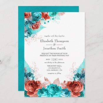 turquoise and coral rustic floral wedding invitation