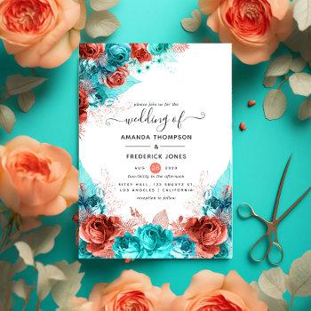 turquoise and coral rustic floral wedding invitation