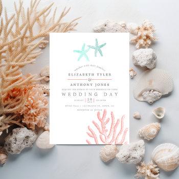 turquoise and coral themed beach wedding invitation