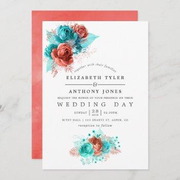 Small Turquoise And Coral Watercolor Floral Wedding Front View