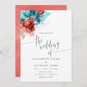 Small Turquoise And Coral Watercolor Floral Wedding Front View