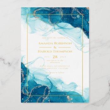 turquoise and gold ink wedding foil invitation