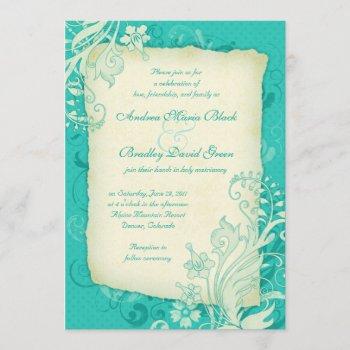 turquoise and ivory floral wedding invitation