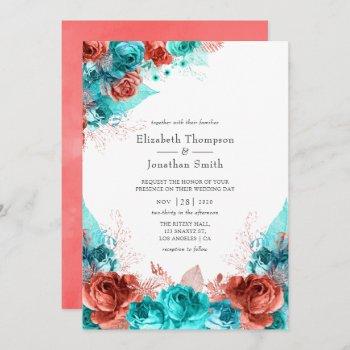 turquoise and living coral rustic floral wedding invitation