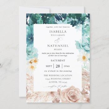 turquoise & blush pink floral wedding 2 invitation