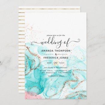 turquoise, coral and gold alcohol ink wedding invitation