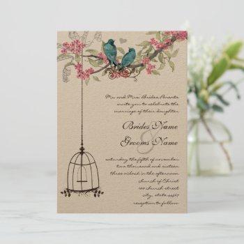 turquoise love bird pink romantic birdcage invitation