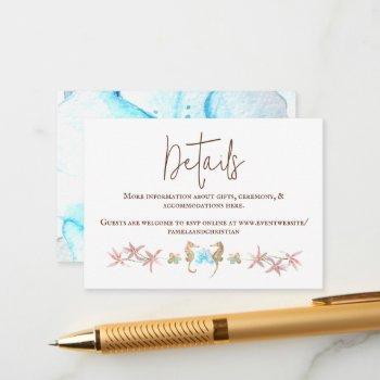 turquoise orchid, seahorses wedding details card