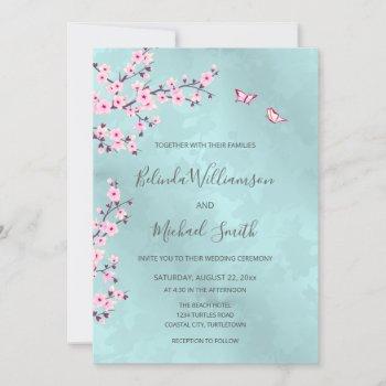 turquoise pink cherry blossom wedding invitation