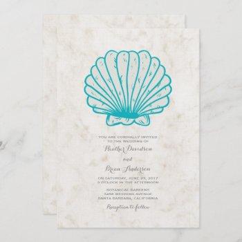 Small Turquoise Rustic Seashell Wedding Invite Front View