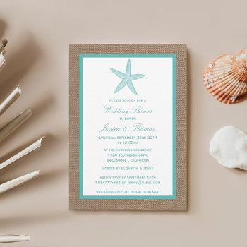 Small Turquoise Starfish On Burlap Beach Wedding Shower Front View
