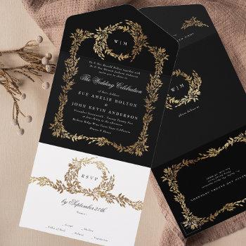 tuxedo black gold botanical wreath classic wedding all in one invitation