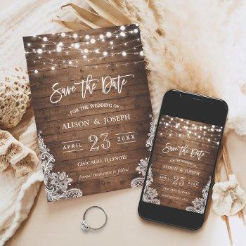 Small Twinkle Lights Rustic Wood Lace Save The Date Front View