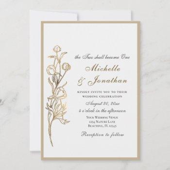 two become one gold flowers christian wedding invitation