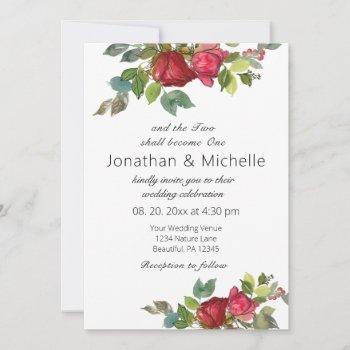 two shall become one red roses christian wedding invitation